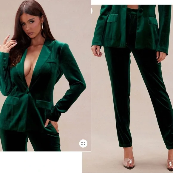 Fashion Nova Vienna hunter green velvet single breasted blazer pant suit set M - Picture 2 of 13